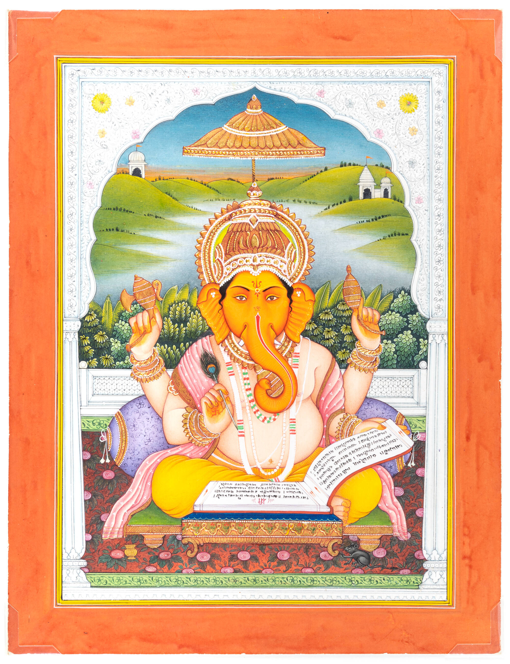 Colorful painting on paper of Ganesh, in elephant form, seated on the floor, legs crossed, arms raised, holding a book. Landscape scene behind them.